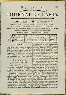 Primera página de la carta de Benjamin Franklin  al Journal de Paris,  mencionando por primera vez la posibilidad de cambiar las horas de invierno y verano, y preguntándose sobre el ahorro de aceite logrado por la lámpara de Quinquet y El ángel (1784)