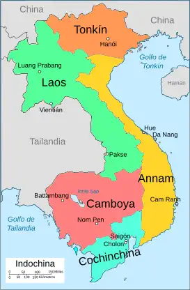 Mapa de la Indochina francesa.Tonkín (naranja) hacia el norte.