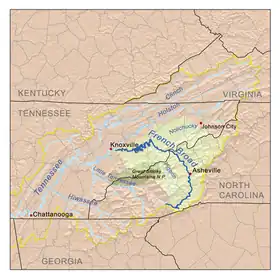 En un mapa del río French Broad (→ río Tennessee → Ohio → Misisipi)