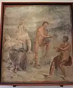 Fresco del ekklesiasterion que representa a Ío, Argos y Hermes.