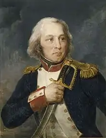 La pintura muestra a un hombre bien afeitado con una nariz larga y cabello largo y blanco que se lleva una espada al pecho con la mano derecha. Viste un uniforme militar azul oscuro con solapas blancas y una charretera en el hombro izquierdo.