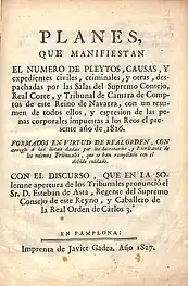 Memoria anual de los tribunales de Navarra. La portada de estilo neoclásico luce tipos de calidad (1827)