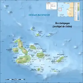 Localización y mapa de las islas Galápagos, donde habita este pelícano.