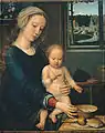 Virgen y el Niño con las sopas de leche, de Gerard David, 1510-1515, Musei di Strada Nuova. El mismo pintor realizó varias réplicas del tema (descripción de la fechada ca. 1520, Musées Royaux des Beaux-Arts).