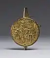 Matraz de cobre dorado alemán para la preparación de polvo con muelle y La justicia de Trajano, 1530-1550