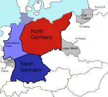 Plan Morgenthau:      Estado de Alemania del norte      Estado de Alemania del sur      Zona internacional      Territorio perdido de Alemania (Sarre a Francia, Alta Silesia a Polonia, Prusia Oriental, dividida entre Polonia y la Unión Soviética)