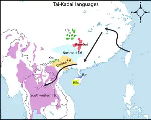 Ruta de migración de los pueblos Tai-Kadai según Matthias Gerner en Northeast to Southwest Hypothesis.