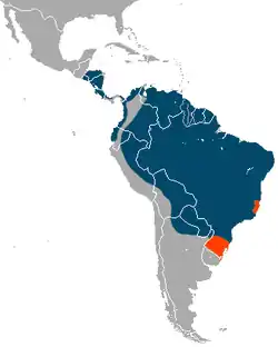 Distribución del oso hormiguero giganteAzul: población aún existenteNaranja: en declive (posiblemente extinto)