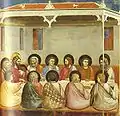 Giotto, Capilla de los Scrovegni , 1305, con halos planos en perspectiva; la vista desde atrás causa dificultades y el halo de Juan tiene que reducirse de tamaño
