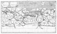 A cylindrical projection map of mars showing light and dark regions accompanied by various linear features. The major features are labelled.