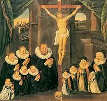 El próspero vidriero Martin Friedrich el Joven y su familia, 1596. Los cinco niños marcados con cruces han muerto, los que llevan ropajes blancos probablemente antes de que se pintara el cuadro, a los otros se les añadieron las cruces posteriormente