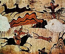 Pintura mural de Goguryeo, describiendo a un jinete en una cacería vistiendo el hanbok.