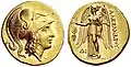 330 a. C. Moneda de Menfis, Egipto. Del lado anverso, la diosa alada Niké
