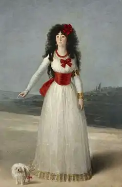 La duquesa de Alba, de blanco, Francisco de Goya, 1795. Óleo sobre lienzo, 194 x 130 cm. Fundación Casa de Alba, Palacio de Liria, Madrid. El carisma y la popularidad de la duquesa han hecho surgir numerosos mitos en torno a su persona.