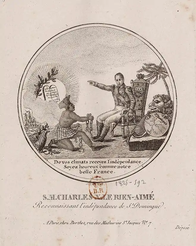 Grabado tituladoː " Su Majestad , Carlos X, El Bien Amado,   reconociendo  La Independencia de Saint-Domingue "