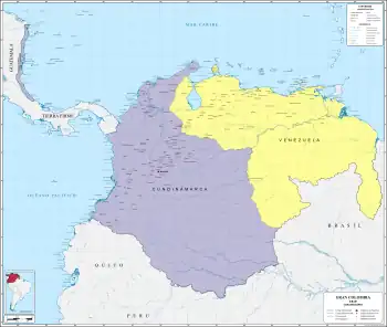 División política de la Gran Colombia en 1819, excluyendo a Panamá y Ecuador que continuaban bajo el dominio español.