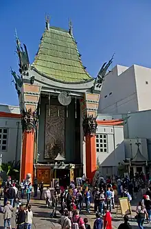 Large, Chinese-style building with people in front