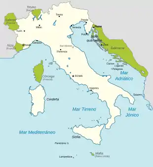 Mapa de las regiones reclamadas por el irredentismo italiano. La lucha por el mar Adriático fue un conflicto político clave en las décadas siguientes