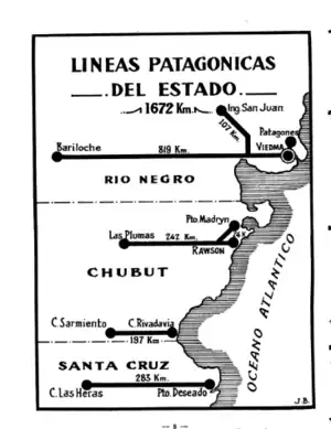 Mapas de 1936 donde se muestran las 5 Líneas Patagónicas de la empresa de Ferrocarriles del Estado. Llamativamente, se coloco ingenio San Juan a la punta de riel estación San Juan. Esto se debió quizás a un error o por resaltar la importancia del ingenio dentro de la Línea Económica al Valle del Río Negro.