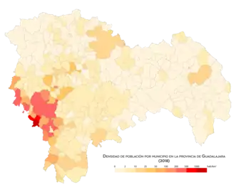 Densidad de población por municipio en 2018