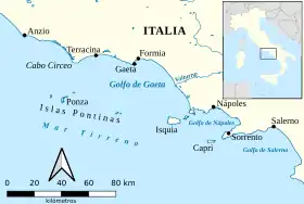 Mapa del golfo de Gaeta, con las Pontinas e Ischia.