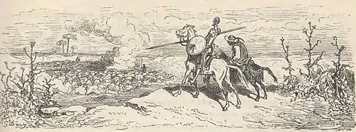 A line drawing of two mounted men looking down over a cliff at a rising cloud of smoke. The man on the left is garbed as a knight.