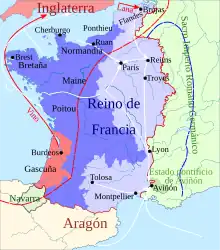 A map of French territory as it was in 1340, showing the enclave of Gascony in the south west