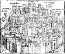 Templo de Salomón. Xilografía de Hartmann Schedel, Las Crónicas de Núremberg, 1493