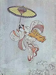 Niña japonesa salta. Kiyomizu-dera, Suzuki Harunobu, 1750