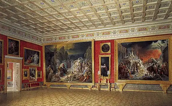 Eduard Hau en su obra Interiores del Nuevo Ermitage en la cual se aprecian las pinturas expuestas : La serpiente de Aarón obra de Fiodor Bruni y El último día de Pompeya obra de Karl Briulov