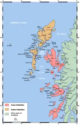 Localización aproximada de las islas (no aparecen; en rojo, las Hébridas Interiores).