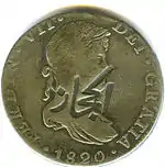 Anverso de moneda de 8 reales (plata) de Fernando VII de 1820 con resello de Hejaz.