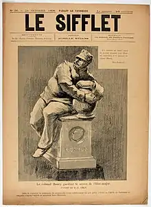 Caricatura dreyfusarde de Ibels, mostrando una estatua (parodia de El Genio que guarda el secreto de la tumba, del escultor René de Saint-Marceaux) erigida al falsificador Henry (1898).