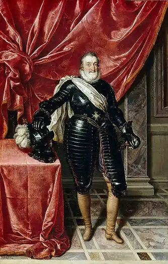 Enrique IV de Francia por Frans Pourbus el Joven, se puede observar el panache blanc (del francés, pluma blanca), una banda blanca símbolo del protestantismo francés del siglo XVI. Francia 1610