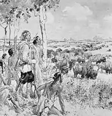 Henry Kelsey en compañía de amerindios, observa a los bisontes en las planicies.