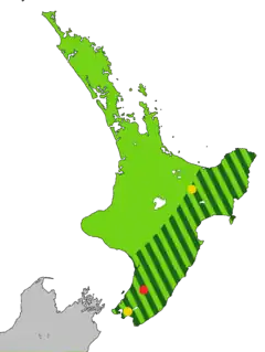 alt=
     Distribución original.     Distribución en 1840.     Último avistamiento confirmado, en 1907.     Avistamientos no confirmados posteriores.