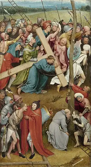 Cristo con la Cruz a cuestas (El Bosco, Viena). Realizó otras versiones.<ref>Cristo con la Cruz a cuestas (El Bosco, Gante). Cristo con la Cruz a cuestas (El Bosco, Madrid). Christ Carrying the Cross at Web Gallery of Art. Fuente citada en Christ Carrying the Cross (Bosch, Madrid)