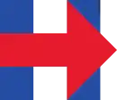 Clinton's 2016 presidential campaign logo, a large blue letter "H" with a red arrow facing right, overlaying the horizontal bar of the "H". The head of the arrow is also overlaid over the right vertical bar of the "H", with two small blue triangles poking out where the bar of the "H" is not covered by the arrow.