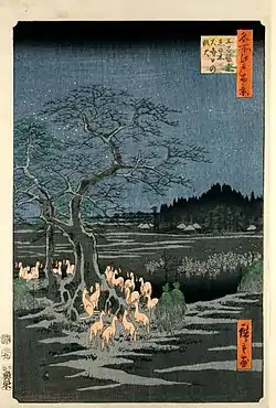 Zorros de fuego en la Nochevieja bajo el árbol enoki cerca de Ōji (王子装束ゑの木大晦日の狐火, Ōji Shōzoku enoki Ōmisoka no kitsunebi?).