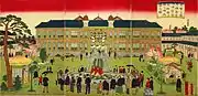 Tríptico ukiyo-e de Hiroshige III de la segunda Exposicion Industrial Nacional (1881), mostrando el Honkan original
