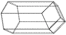 A computer-generated model of a honeycomb cell, showing a hexagonal tube terminating in three equal rhombuses that meet at a point on the axis of the cell