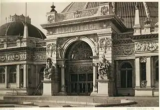 Horticultural Building at the World's Columbian Expo, Chicago, IL. USA, 1893 showing sculpture by Lorado Taft and the White Rabbits