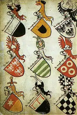 Ejemplo de representación de blasones y conjuntos heráldicos en un armorial del siglo XV, Hyghalmen Roll alemán.