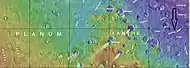 Mapa que muestra la localización de Hyspanis Valles con una flecha