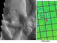 Iani Chaos, visto por THEMIS. La arena de las mesas erosionadas está cubriendo un material de piso más brillante. Haga clic en la imagen para ver la relación de Iani Chaos con otras características locales.