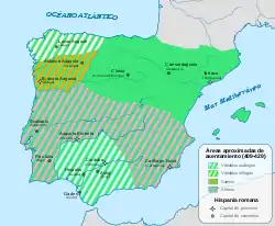 Áreas saqueadas o reclamadas por los bárbaros en Hispania hacia 418