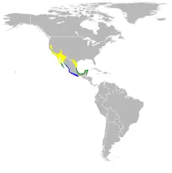 Verde: todo el año; amarillo:anidación ; azul:invernada