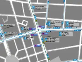 Mapa zonal de la estación de Iglesia con los accesos al Metro y Cercanías y los recorridos de los autobuses de la EMT que pasan por ella, entre los que se encuentra la línea N23.