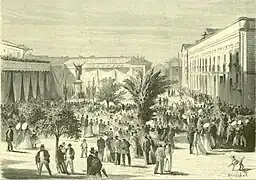 Inauguración del monumento original a las víctimas (1873), grabado de Gastón Marichal