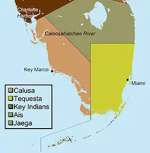  Mapa de colores de la porción inferior de la península de Florida peninsula dividida en tres regiones